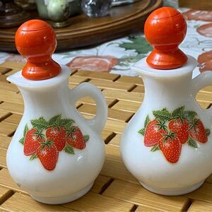 White Milk Glass Strawberry Cruets with Orange Stoppers Set of 2